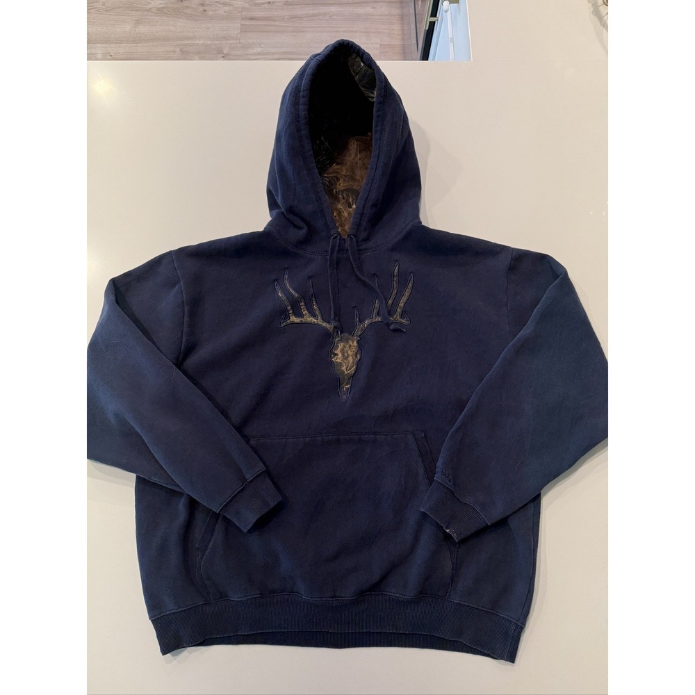 Cabela's Deer Skull Antlers Camo Lined Hoodie Men's XL Navy Blue Hunting